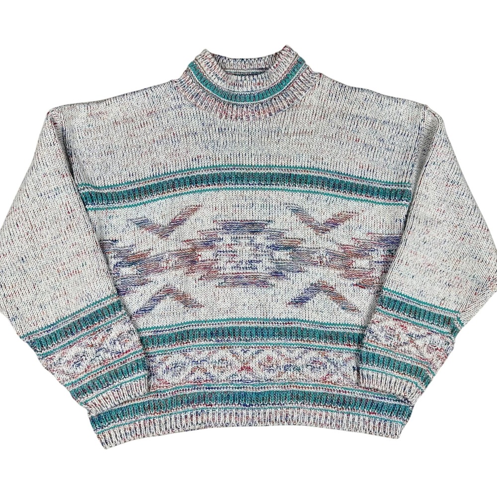 VTG CUTE Aztec Print Mock Neck‎ Sweater Metallic Multi Color Speckled Knit - Picture 2 of 16